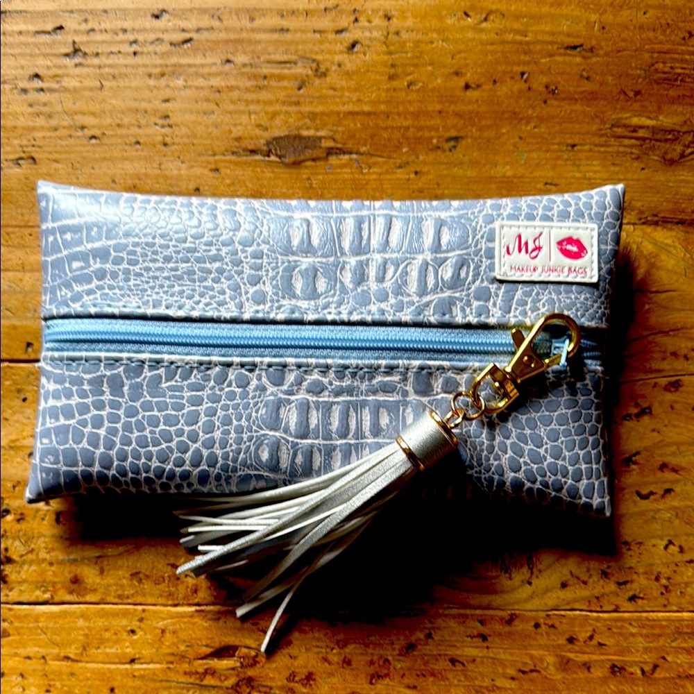 Icy Blue Cosmetic Bag with Gator Texture and Tassel